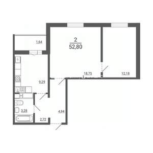 2-к квартира, строящийся дом, 53м2, 12/14 этаж