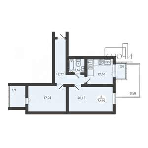 2-к квартира, вторичка, 73м2, 2/3 этаж