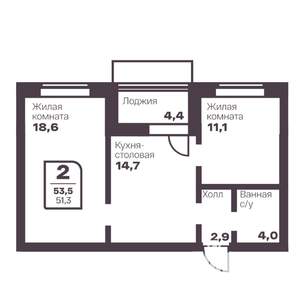 2-к квартира, вторичка, 51м2, 3/17 этаж