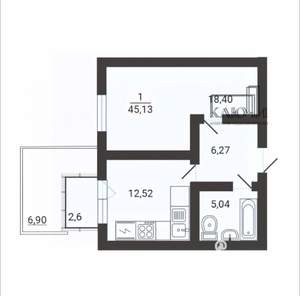 1-к квартира, вторичка, 45м2, 1/3 этаж