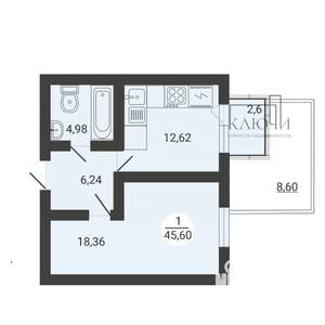 1-к квартира, вторичка, 43м2, 1/3 этаж