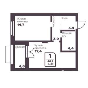 1-к квартира, вторичка, 44м2, 6/10 этаж
