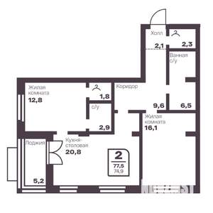 2-к квартира, вторичка, 75м2, 4/17 этаж