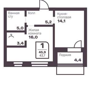 1-к квартира, вторичка, 44м2, 16/17 этаж