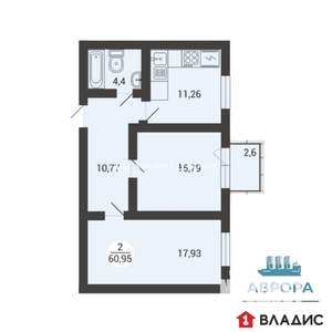 2-к квартира, вторичка, 61м2, 2/3 этаж