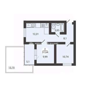 2-к квартира, вторичка, 52м2, 3/3 этаж