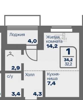 1-к квартира, строящийся дом, 34м2, 4/16 этаж