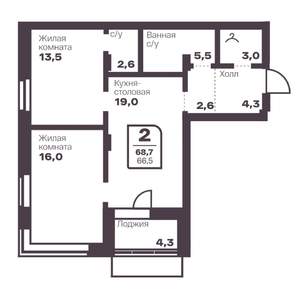 2-к квартира, вторичка, 67м2, 16/17 этаж