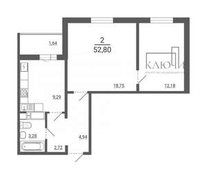 2-к квартира, вторичка, 53м2, 8/14 этаж