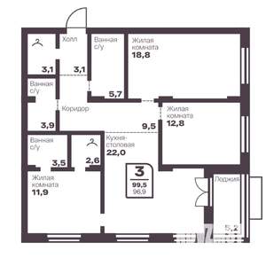 3-к квартира, вторичка, 97м2, 2/10 этаж