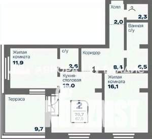 2-к квартира, вторичка, 68м2, 9/9 этаж