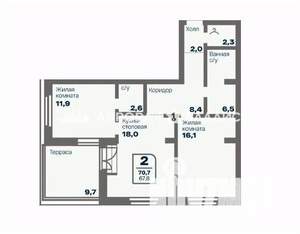 2-к квартира, вторичка, 68м2, 9/9 этаж