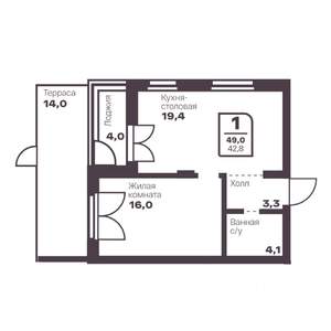 1-к квартира, вторичка, 43м2, 1/17 этаж