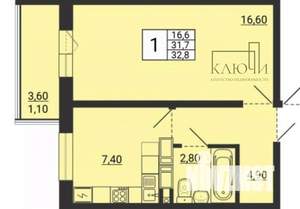 1-к квартира, вторичка, 33м2, 3/9 этаж