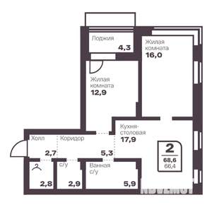 2-к квартира, вторичка, 66м2, 14/17 этаж