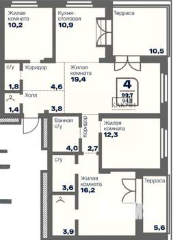 4-к квартира, строящийся дом, 95м2, 9/10 этаж