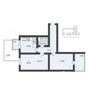 2-к квартира, вторичка, 73м2, 2/3 этаж