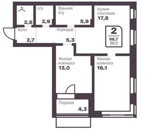 2-к квартира, вторичка, 67м2, 11/17 этаж