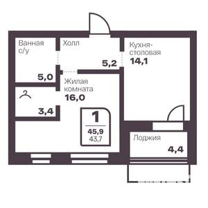 1-к квартира, вторичка, 44м2, 6/17 этаж